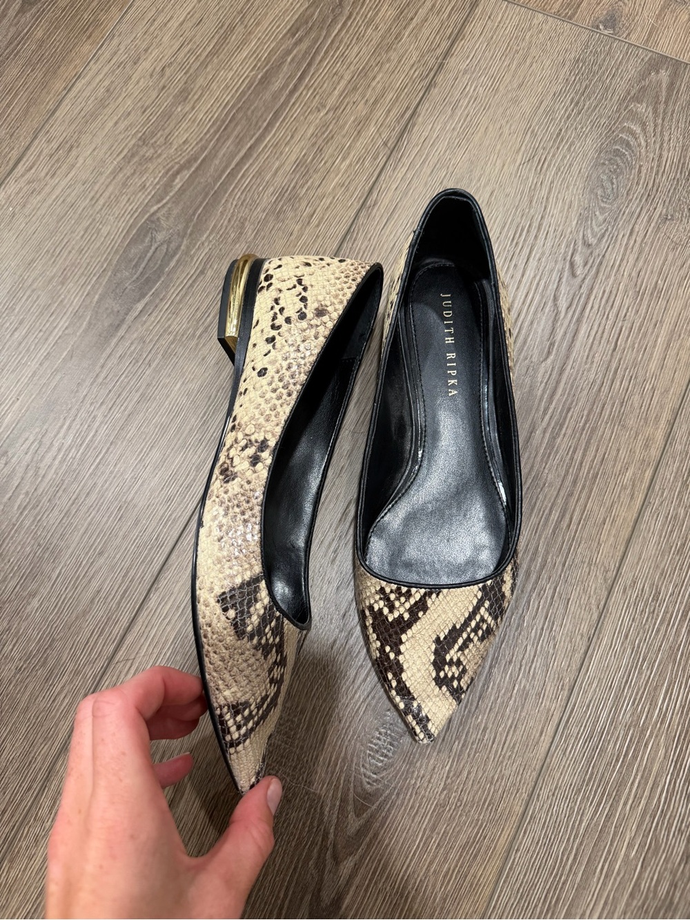 Judith Ripka Beige Black Snake-Print Pointed Toe Robin Flats 8.5
